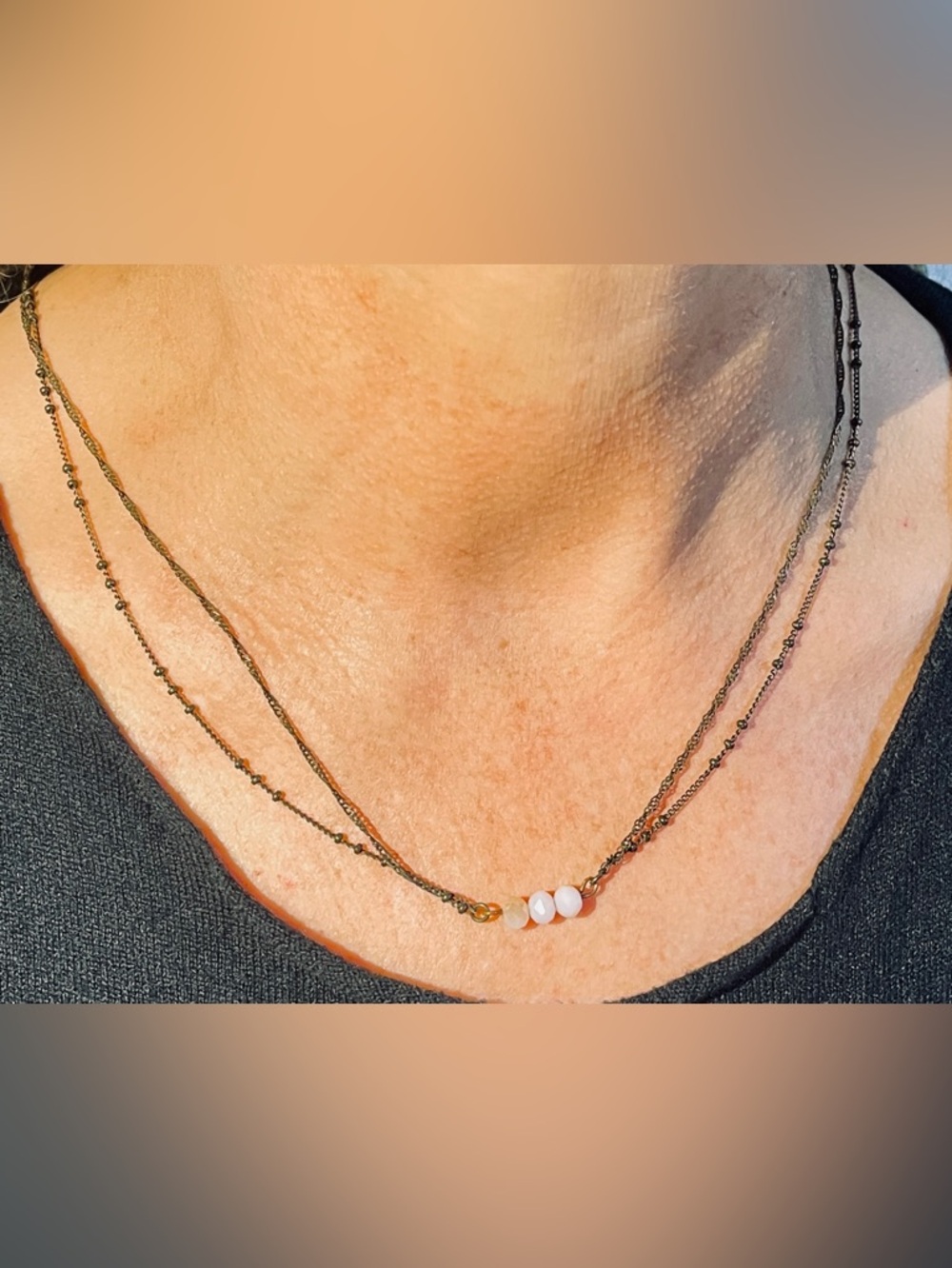 Hand Crafted Pink/ Beige Crystal Rock w Rustic Double Chain Necklace 14”